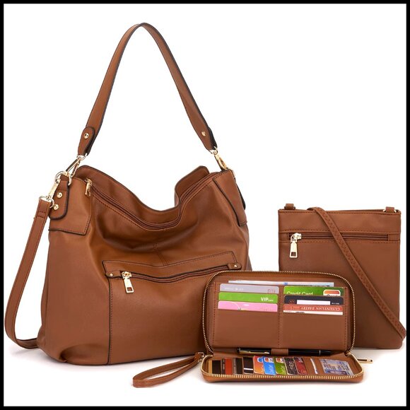 Handbags - Large Hobo Tote with Crossbody Bag and Wallet Set, Synthetic Leather
